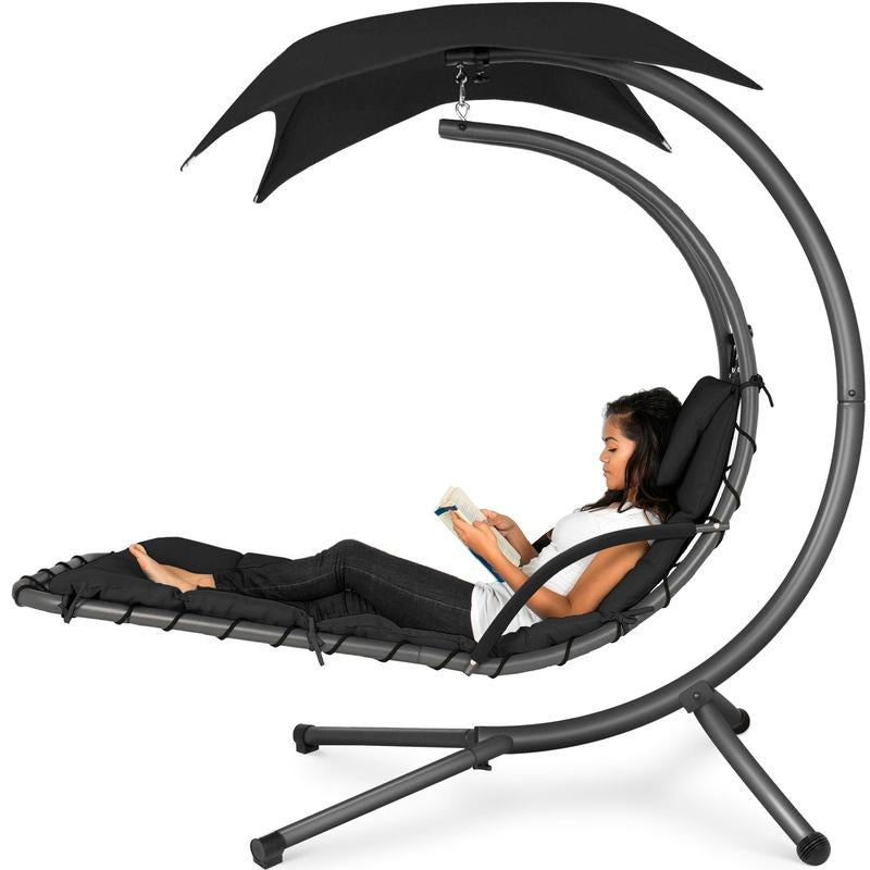 Best Choice Products Hanging Curved Chaise Lounge Chair Swing for Backyard, Patio W/ Pillow, Shade, Stand