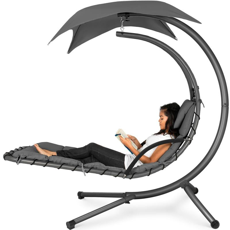 Best Choice Products Hanging Curved Chaise Lounge Chair Swing for Backyard, Patio W/ Pillow, Shade, Stand