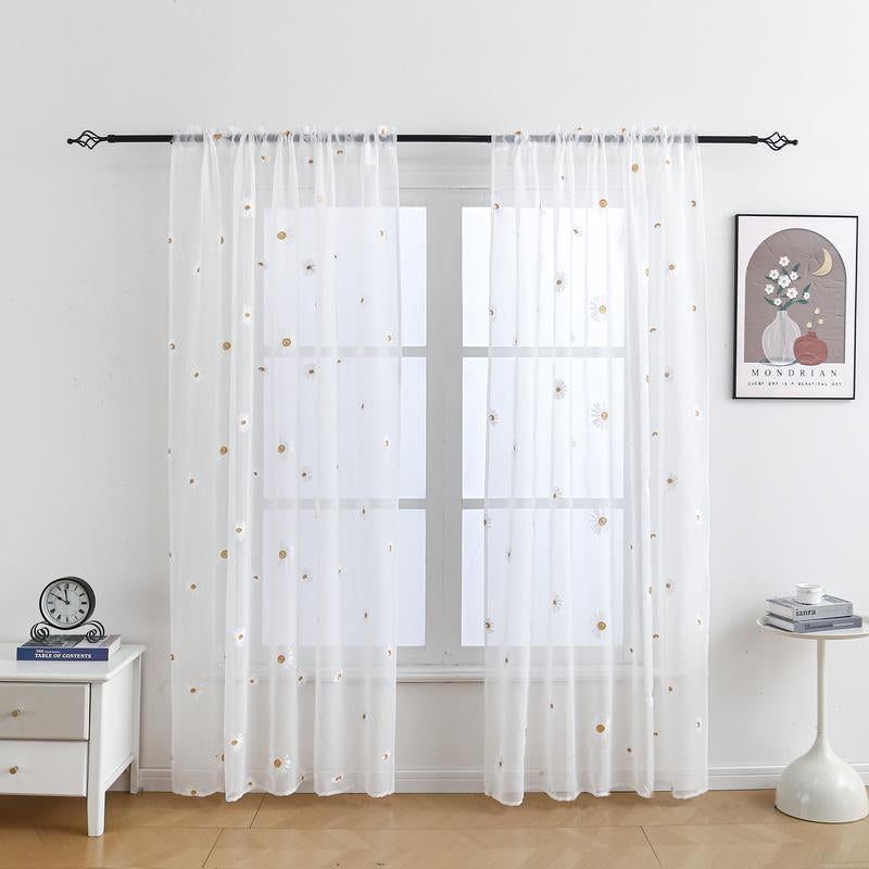 【Window Screen】4-Piece Sunflower Embroidery Snow Voile Sheer Curtains Rod Pocket Elegant Handmade Window Decor【Suitable for Living Rooms, Bedrooms, Balconies, Offices and Home Decoration】