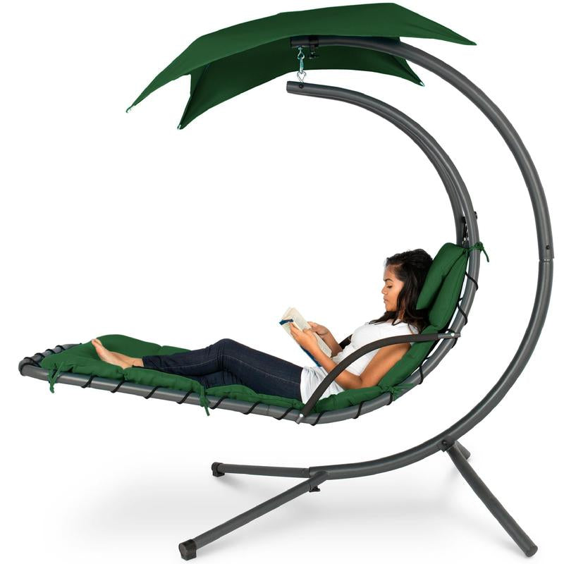 Best Choice Products Hanging Curved Chaise Lounge Chair Swing for Backyard, Patio W/ Pillow, Shade, Stand
