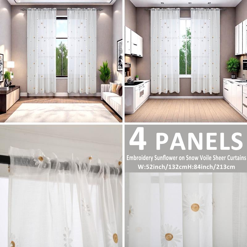 【Window Screen】4-Piece Sunflower Embroidery Snow Voile Sheer Curtains Rod Pocket Elegant Handmade Window Decor【Suitable for Living Rooms, Bedrooms, Balconies, Offices and Home Decoration】