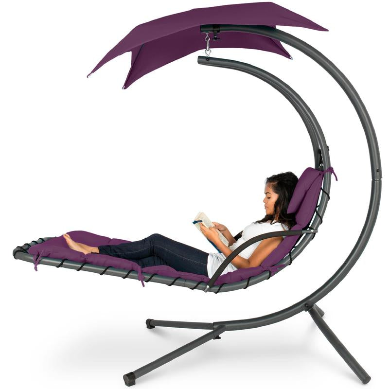 Best Choice Products Hanging Curved Chaise Lounge Chair Swing for Backyard, Patio W/ Pillow, Shade, Stand