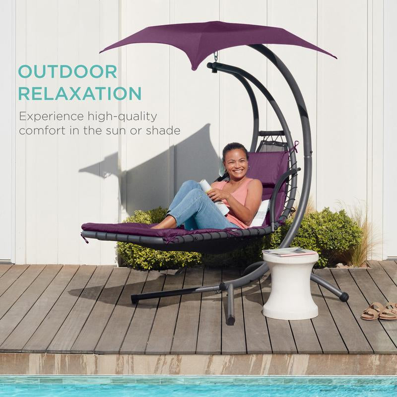 Best Choice Products Hanging Curved Chaise Lounge Chair Swing for Backyard, Patio W/ Pillow, Shade, Stand
