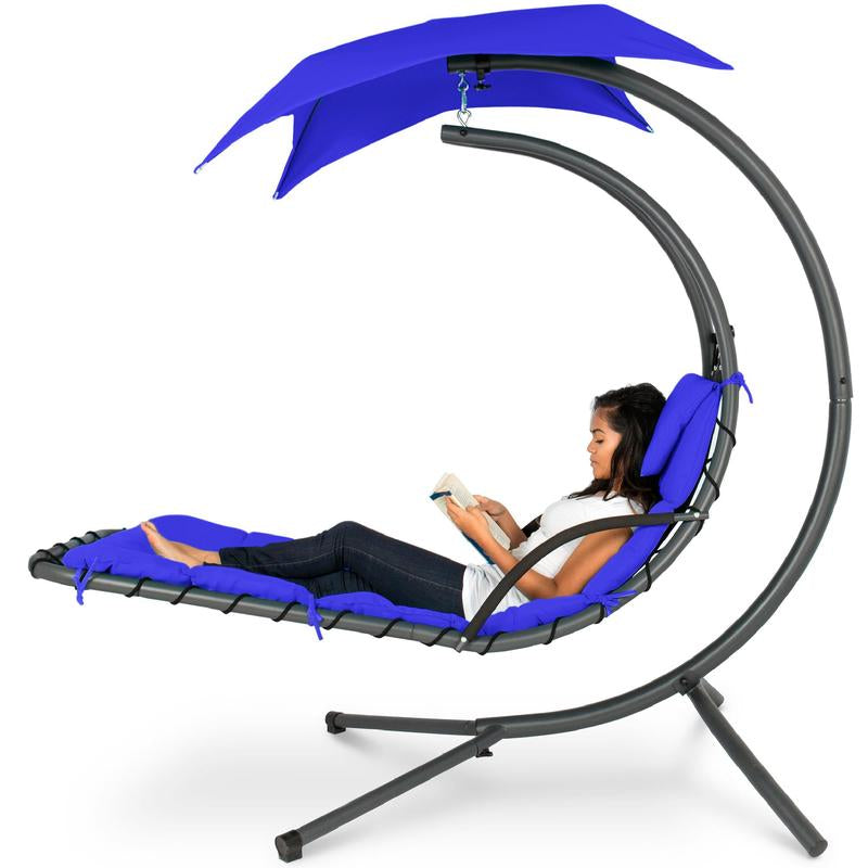 Best Choice Products Hanging Curved Chaise Lounge Chair Swing for Backyard, Patio W/ Pillow, Shade, Stand