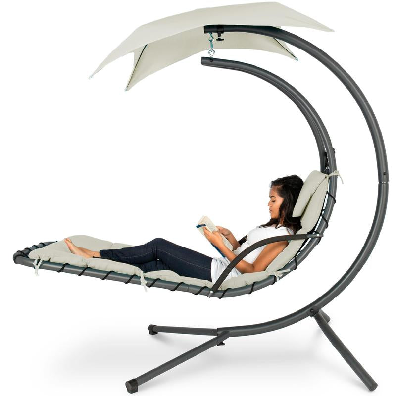 Best Choice Products Hanging Curved Chaise Lounge Chair Swing for Backyard, Patio W/ Pillow, Shade, Stand