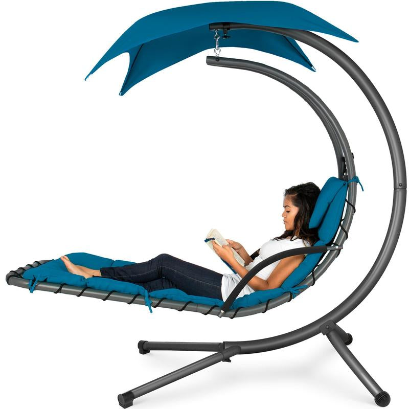 Best Choice Products Hanging Curved Chaise Lounge Chair Swing for Backyard, Patio W/ Pillow, Shade, Stand