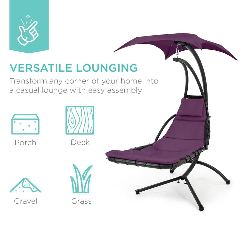 Best Choice Products Hanging Curved Chaise Lounge Chair Swing for Backyard, Patio W/ Pillow, Shade, Stand