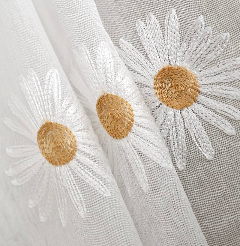 【Window Screen】4-Piece Sunflower Embroidery Snow Voile Sheer Curtains Rod Pocket Elegant Handmade Window Decor【Suitable for Living Rooms, Bedrooms, Balconies, Offices and Home Decoration】